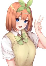Rule 34 | 1girl, :d, blue eyes, blush, bow, bowtie, breasts, collared shirt, commentary request, go-toubun no hanayome, green bow, green hairband, green ribbon, green sweater, hair between eyes, hair ribbon, hairband, highres, john zhang, large breasts, looking at viewer, mixed-language commentary, nakano yotsuba, open mouth, orange hair, plaid, plaid bow, plaid bowtie, plaid neckwear, ribbon, school uniform, shirt, short hair, short sleeves, simple background, smile, solo, sweater, sweater vest, teeth, upper body, upper teeth only, v, white background, white shirt