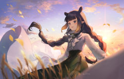 Rule 34 | 1girl, :d, black hair, blue sky, blurry, blurry foreground, braid, brown hair, center frills, cloud, commentary request, depth of field, frills, gradient hair, green skirt, hololive, hololive english, long hair, long sleeves, looking away, multicolored hair, ninomae ina&#039;nis, open mouth, outdoors, pointy ears, puffy long sleeves, puffy sleeves, purple eyes, shinia, shirt, skirt, sky, smile, solo, sunset, twin braids, twintails, very long hair, virtual youtuber, white shirt