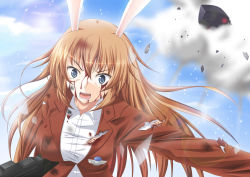 Rule 34 | 1girl, animal ears, blood, blue eyes, breasts, charlotte e. yeager, cloud, day, female focus, gun, large breasts, long hair, machine gun, military, military uniform, outdoors, rabbit ears, rabbit girl, red hair, sky, solo, strike witches, torn clothes, uniform, weapon, world witches series, yukimura1130