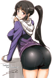Rule 34 | 10s, 1girl, adapted costume, alternate hairstyle, arched back, artist name, ass, back, black hair, blush, breasts, brown eyes, commentary request, fue (rhomphair), hair ornament, hairclip, hood, hooded jacket, hoodie, jacket, kantai collection, large breasts, long hair, long sleeves, looking at viewer, looking back, myoukou (kancolle), no legwear, open mouth, ponytail, purple jacket, shiny clothes, signature, solo, thighs, twitter username
