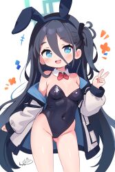 Rule 34 | 1girl, absurdly long hair, absurdres, animal ears, aqua halo, aris (blue archive), black hair, black leotard, blue archive, blue eyes, bow, bowtie, bright pupils, covered navel, cowboy shot, detached collar, halo, highres, jacket, kanykou, leotard, long hair, one side up, playboy bunny, rabbit ears, rectangular halo, red bow, red bowtie, ringed eyes, simple background, smile, solo, strapless, strapless leotard, very long hair, white background, white jacket, white pupils