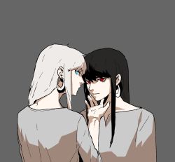 Rule 34 | 2girls, black hair, blue eyes, closed mouth, earrings, gogalking, grey background, grey shirt, hand on another&#039;s chin, highres, hoop earrings, jewelry, looking at viewer, looking back, multiple girls, original, polar opposites, red eyes, shirt, simple background, white hair