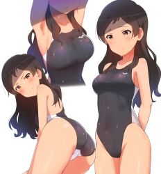 Rule 34 | 1girl, 3:, armpits, arms behind back, arms up, ass, black one-piece swimsuit, blush, breasts, brown eyes, brown hair, competition swimsuit, cowboy shot, embarrassed, enamasa, highres, idolmaster, idolmaster million live!, kitazawa shiho, long hair, looking at viewer, looking down, medium breasts, multiple views, one-piece swimsuit, standing, swimsuit, wavy hair, wet