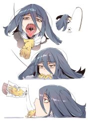 Rule 34 | 10s, 1boy, 1girl, artist request, bad end, bags under eyes, eating, highres, imminent fellatio, karasu raven, open mouth, penis, precum, simple background, tagme, tongue, tongue out, uvula, white background, yamada tae, zombie land saga