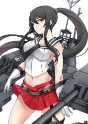 Rule 34 | 10s, 1girl, asya, bare shoulders, belt, black hair, breasts, cowboy shot, gloves, highres, kantai collection, large breasts, looking at viewer, machinery, midriff, miniskirt, navel, pleated skirt, ponytail, red eyes, red skirt, sailor collar, school uniform, serafuku, simple background, single thighhigh, skirt, sleeveless, solo, thighhighs, white background, white gloves, yahagi (kancolle)