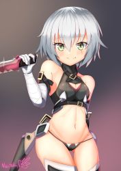Rule 34 | 1girl, arm behind back, bandaged arm, bandages, belt, black panties, breasts, closed mouth, cowboy shot, dagger, facial scar, fate/apocrypha, fate (series), female focus, gluteal fold, green eyes, highres, holding, holding weapon, jack the ripper (fate/apocrypha), knife, looking at viewer, navel, ntk nartaku, panties, scar, scar across eye, scar on cheek, scar on face, silver hair, small breasts, smile, solo, underwear, weapon