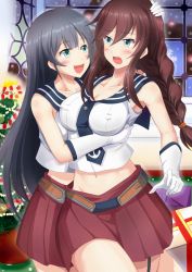 Rule 34 | 10s, 2girls, agano (kancolle), aqua eyes, arm around waist, armpits, arms around waist, black hair, blush, box, braid, breast hold, breasts, brown hair, christmas, christmas tree, collarbone, covered erect nipples, embarrassed, eye contact, female focus, gift, gift box, gloves, hand on another&#039;s head, happy, hug, ichikawa feesu, kantai collection, large breasts, long hair, looking at another, midriff, miniskirt, multiple girls, naughty face, navel, noshiro (kancolle), open mouth, pleated skirt, school uniform, shy, skirt, smile, snowing, twin braids, very long hair, window, yuri