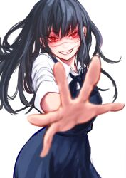 Rule 34 | 1girl, 8nocheese, black hair, blue bow, blue bowtie, blue dress, bow, bowtie, chainsaw man, collared shirt, cross scar, dress, eyelashes, fourth east high school uniform, grin, highres, long hair, looking at viewer, outstretched arm, pinafore dress, red eyes, scar, scar on face, school uniform, shirt, simple background, sleeveless, sleeveless dress, smile, solo, teeth, white background, white shirt, yoru (chainsaw man)