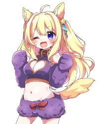 Rule 34 | 1girl, ;d, absurdres, ahoge, animal ear fluff, animal ears, animal hands, bare shoulders, blonde hair, blush, bow, breasts, cleavage, cleavage cutout, clothing cutout, collar, commentary request, crop top, elbow gloves, fang, gloves, hair between eyes, hair intakes, hair ornament, hands up, heart cutout, highres, jako (jakoo21), long hair, looking at viewer, medium breasts, midriff, navel, one eye closed, open mouth, original, paw gloves, purple eyes, purple gloves, purple shirt, purple shorts, red bow, red collar, shirt, short shorts, shorts, simple background, sleeveless, sleeveless shirt, smile, solo, star (symbol), star hair ornament, tail, two side up, v-shaped eyebrows, very long hair, white background