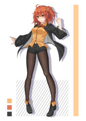 Rule 34 | 1girl, black footwear, black jacket, black shorts, blush, boots, bow, breasts, brown eyes, brown hair, brown pantyhose, closed mouth, collared shirt, color guide, command spell, diagonal stripes, elsa (g557744), fate/grand order, fate (series), fujimaru ritsuka (female), fujimaru ritsuka (female) (mage&#039;s association uniform), full body, hair between eyes, hair ornament, hair scrunchie, hand up, high heel boots, high heels, jacket, pantyhose under shorts, long sleeves, medium breasts, navel, official alternate costume, one side up, open clothes, open jacket, orange scrunchie, orange shirt, outstretched arm, pantyhose, red bow, scrunchie, shirt, short shorts, shorts, smile, solo, striped, striped background, wide sleeves