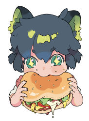 Rule 34 | + +, 1boy, animal ears, black hair, burger, cat ears, cheese, dripping, eating, food, green eyes, holding, holding food, lettuce, luo xiaohei, luo xiaohei (human), luo xiaohei zhanji, male focus, maruco, short hair, short sleeves, simple background, solo, tomato, white background