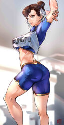 Rule 34 | 1girl, absurdres, arms behind head, arms up, artist name, ass, blurry, blurry background, breasts, brown eyes, brown hair, capcom, chun-li, commentary, double bun, fingernails, gold trim, hair bun, highres, indoors, juaag acgy, lips, looking away, makeup, medium breasts, midriff, parted lips, shorts, signature, simple background, smile, street fighter, street fighter ii (series), tank top, turtleneck