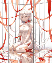 Rule 34 | 1girl, absurdly long hair, bare arms, bare legs, bare shoulders, barefoot, breasts, cage, choker, cleavage, cleavage cutout, clothing cutout, dress, ekina (1217), expressionless, grey eyes, hair between eyes, highres, large breasts, leg ribbon, long hair, looking at viewer, original, parted lips, red ribbon, reflection, ribbon, ribbon choker, short dress, sitting, sleeveless, sleeveless dress, solo, very long hair, white background, white dress, white hair