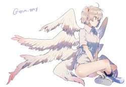 Rule 34 | 1girl, ahoge, angel chromosome xx, angel wings, bad id, bad twitter id, black socks, boots, breast pocket, closed mouth, collared shirt, commentary request, from side, full body, grey footwear, grey shirt, ikeuchi tanuma, indian style, neon genesis evangelion, panties, pocket, red eyes, shirt, short sleeves, silver hair, simple background, sitting, socks, solo, tabris-xx, twintails, twitter username, underwear, white background, wing collar, wings
