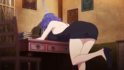 Rule 34 | 1girl, animated, animated gif, anime screenshot, ass, ass shake, backless dress, backless outfit, bare legs, black dress, book, book stack, dress, from behind, gif artifacts, high heels, indoors, interior, kinsou no vermeil, looping animation, pumps, purple hair, screencap, short hair, solo, table, vermeil (kinsou no vermeil)