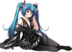 Rule 34 | 1girl, aqua eyes, aqua hair, arm support, bare shoulders, black gloves, black jacket, black pantyhose, black ribbon, blush, breasts, cleavage, closed mouth, collarbone, commentary request, flower, full body, gloves, hair flower, hair ornament, hair ribbon, hand in own hair, hand up, hatsune miku, head tilt, jacket, long hair, long sleeves, medium breasts, off shoulder, open clothes, open jacket, pantyhose, project diva (series), reclining, ribbon, simple background, single glove, smile, solo, tassel, tsukishiro saika, twintails, very long hair, vocaloid, white background