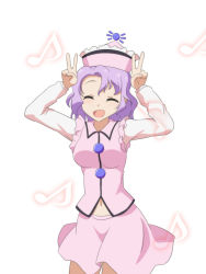 Rule 34 | 1girl, arms up, breasts, cato (monocatienus), closed eyes, commentary request, contrapposto, cowboy shot, double v, eighth note, forehead, hat, light purple hair, long sleeves, medium breasts, merlin prismriver, midriff peek, miniskirt, musical note, navel, open mouth, pink hat, pink skirt, pink vest, shirt, short hair, simple background, skirt, skirt set, solo, standing, sun symbol, touhou, v, vest, white background, white shirt