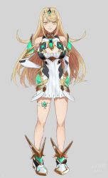 Rule 34 | 1girl, armor, artist request, bad id, bad twitter id, blonde hair, breasts, cleavage, dress, full body, gloves, large breasts, long hair, looking at viewer, mythra (xenoblade), nintendo, solo, standing, white background, xenoblade chronicles (series), xenoblade chronicles 2, xenoblade chronicles (series), xenoblade chronicles 2, yellow eyes