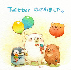 Rule 34 | artist name, balloon, bear, bird, blue bow, blue neckwear, blush, bow, bowtie, food, holding, holding balloon, ice cream, ice cream cone, looking at another, no humans, original, penguin, red bow, red neckwear, st.kuma, translation request