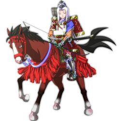 Rule 34 | 1girl, adapted costume, armor, arrow (projectile), black headwear, brown eyes, closed mouth, commentary request, dou, full body, highres, horse, horseback riding, imomusya, japanese armor, kote, kusazuri, long hair, looking at viewer, pants, pants tucked in, quiver, riding, shoulder armor, simple background, sode, stirrups (riding), sword, touhou, weapon, white background, white hair, yagokoro eirin