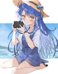 Rule 34 | 1girl, absurdres, amamiya kokoro, black bow, black footwear, blue dress, blue hair, blush, bow, brown eyes, brown hat, camera, camera around neck, closed mouth, commentary request, dress, flower, hair ornament, hairclip, hands up, hat, hat flower, highres, holding, holding camera, long hair, looking at viewer, nijisanji, rose, sandals, shirt, short sleeves, sitting, sleeveless, sleeveless dress, solo, straw hat, sutei (arece15), very long hair, virtual youtuber, wariza, watch, water, white flower, white rose, white shirt, wristwatch, x hair ornament