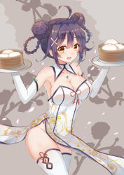 Rule 34 | 1girl, :d, ahoge, baozi, bare shoulders, blunt bangs, braid, breasts, chinese clothes, cleavage, collarbone, cowboy shot, detached collar, double bun, dress, elbow gloves, food, gloves, gradient eyes, hair bun, hair ornament, hands up, holding, holding plate, jewelry, large breasts, leg ribbon, legs together, looking at viewer, multicolored eyes, necklace, open mouth, orange eyes, original, pelvic curtain, plate, print dress, purple hair, red ribbon, ribbon, short hair, side braids, side slit, smile, solo, standing, strapless, strapless dress, tassel, teeth, thigh ribbon, thighhighs, upper teeth only, white dress, white gloves, white thighhighs, x hair ornament, yellow eyes, yitiao yuxian