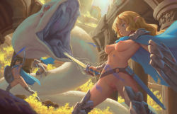 Rule 34 | 3girls, bigrbear, blonde hair, blue cape, blue eyes, breasts, cape, cleft of venus, fighting, highres, holding, holding shield, holding sword, holding weapon, long hair, medium breasts, monster, multiple girls, navel, nipples, nude, original, outdoors, paint, paint on body, pointy ears, pussy, shield, snake, standing, sword, uncensored, weapon