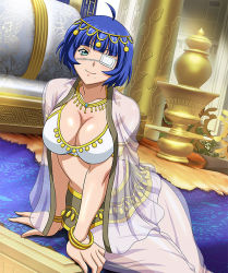 Rule 34 | 00s, 1girl, ahoge, aqua eyes, arm support, blue hair, blush, breasts, cleavage, collarbone, eyepatch, green eyes, ikkitousen, large breasts, leaning forward, long hair, looking at viewer, mole, mole under eye, mole under mouth, ryomou shimei, see-through, short hair, sitting, smile, solo, white background, wide hips