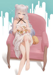 Rule 34 | + +, 1girl, armchair, azur lane, bad id, bad pixiv id, bare arms, bare legs, bare shoulders, barefoot, bird, blue eyes, blush, breasts, chair, chick, choker, cirilla lin, closed mouth, collarbone, couch, criss-cross halter, double bun, dress, feet, frilled dress, frills, full body, grey eyes, grey hair, hair between eyes, hair bun, halterneck, highres, holding, le malin (azur lane), le malin (sleepy sunday) (azur lane), legs, long hair, looking at viewer, manjuu (azur lane), molcar, no shoes, official alternate costume, panties, pui pui molcar, sidelocks, sitting, skirt, sleeveless, sleeveless dress, small breasts, smile, solo, stuffed animal, stuffed toy, sundress, symbol-shaped pupils, toes, toy, underwear, very long hair, wavy hair, white dress, white skirt