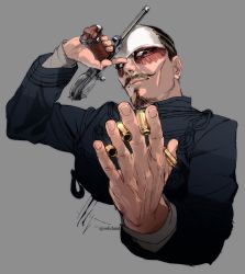 Rule 34 | 1boy, artist name, beard, black eyes, black hair, borchardt c-93, closed mouth, collar, collared jacket, commentary request, facial hair, fingernails, forehead protector, goatee, golden kamuy, grey background, grey jacket, gun, handgun, highres, holding, holding gun, holding weapon, imperial japanese army, jacket, lips, long sleeves, looking at viewer, male focus, military, military uniform, mustache, pistol, scar, scar on face, shell casing, short hair, simple background, smile, tsurumi tokushirou, twitter username, uniform, upper body, weapon, zifletts