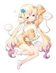 Rule 34 | 1girl, :d, absurdres, animal print, azit (down), blonde hair, blush, closed eyes, cloud, cloud print, frilled pillow, frills, from side, full body, head tilt, highres, leg up, long hair, low twintails, magical girl, mahou shoujo ikusei keikaku, mahou shoujo ikusei keikaku unmarked, multicolored hair, nemurin, open mouth, pajamas, pillow, pink hair, purple eyes, rabbit print, shoes, sleepy, sleeves past wrists, smile, solid circle eyes, solo, triangle mouth, twintails, very long hair, white background, white footwear