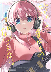 Rule 34 | 1girl, blue eyes, bocchi the rock!, cube hair ornament, electric guitar, gibson brands inc, gibson les paul, gotoh hitori, guitar, hair ornament, headphones, highres, holding, holding headphones, instrument, jersey, long hair, long sleeves, open mouth, pink hair, solo, tearing up, upper body, wano (azayakam)