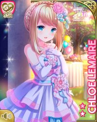 Rule 34 | 1girl, blonde hair, blue eyes, bow, card, character name, chloe lemaire, dress, evening gown, girlfriend (kari), long hair, night, official art, open mouth, outdoors, pink bow, qp:flapper, smile, solo, tagme, white dress