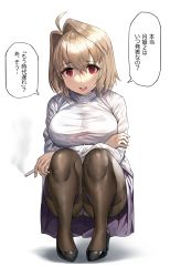 Rule 34 | 1girl, absurdres, ahoge, alternate breast size, arcueid brunestud, arms under breasts, black footwear, black pantyhose, blonde hair, breasts, check commentary, cigarette, commentary request, crossed arms, depressed, full body, hair between eyes, hair intakes, hand on own arm, high heels, highres, holding, holding cigarette, knees, knees up, large breasts, legs together, long sleeves, looking at viewer, medium hair, paid reward available, panties, panties under pantyhose, pantyhose, pantyshot, pigeon-toed, purple skirt, red eyes, shadow, shiny clothes, shiny footwear, shiny legwear, simple background, skirt, smoking, solo, speech bubble, squatting, suou-sensei, sweater, taut sweater, tearing up, thighband pantyhose, translation request, tsukihime, turtleneck, turtleneck sweater, underwear, upskirt, white background, white sweater