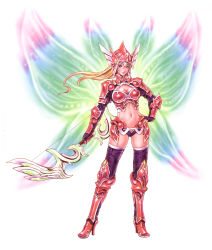 Rule 34 | 1girl, absurdres, armor, bikini armor, blonde hair, blush, boots, bow (weapon), breasts, butterfly wings, cleavage, cleavage cutout, clothing cutout, fairy wings, fingerless gloves, gloves, green eyes, hand on own hip, helmet, high heel boots, high heels, highres, hip focus, insect wings, lipstick, long hair, makeup, medium breasts, midriff, mu online, multicolored wings, muse elf, navel, no pants, non-web source, scan, shoes, smile, solo, standing, thighhighs, turtleneck, weapon, wild flower, wings, yamashita shun&#039;ya, zettai ryouiki