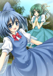 Rule 34 | 2girls, ascot, blue dress, blue eyes, blue hair, blue sky, blush, bow, cirno, daiyousei, day, dress, green eyes, green hair, hair bow, hair ribbon, hands on own chest, highres, multiple girls, open mouth, ribbon, side ponytail, sky, smile, suzuki nene, touhou, tree, wings
