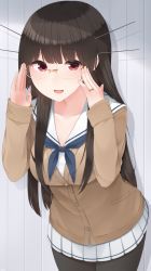 Rule 34 | 10s, 1girl, :d, adapted costume, black hair, cardigan, choukai (kancolle), glasses, hair ornament, highres, jewelry, kantai collection, long hair, looking at viewer, neckerchief, open mouth, pleated skirt, red eyes, rimless eyewear, ring, sailor collar, school uniform, skirt, smile, solo, wedding band, yukichi (sukiyaki39)