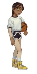 Rule 34 | 1girl, ball, basketball, basketball (object), black hair, blouse, blue shorts, boots, braid, child, dolphin shorts, freckles, full body, highres, holding, long hair, mossacannibalis, original, parted lips, shirt, short sleeves, shorts, simple background, socks, solo, white background, white legwear, white shirt, yellow eyes, yellow footwear