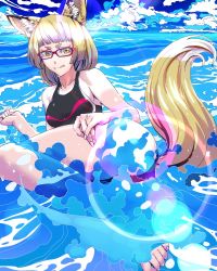 Rule 34 | 1girl, animal ears, ass, bare shoulders, barefoot, blonde hair, fox ears, fox tail, glasses, lens flare, licking lips, ocean, original, solo, swimsuit, tail, tongue, tongue out, waves, wokue, yellow eyes