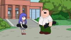 Rule 34 | 1boy, 1girl, age difference, belt, blue hair, blunt bangs, bow, bowtie, brown footwear, brown hair, building, bush, commentary, crossover, dress shirt, english commentary, engrish commentary, family guy, forest, full body, furude rika, glasses, green pants, grey skirt, half-closed eyes, highres, higurashi no naku koro ni, hime cut, holding, holding skateboard, long hair, looking at another, mary janes, nature, nvi2762, outdoors, pants, peter griffin, pillar, pink bow, pink bowtie, pleated skirt, puffy short sleeves, puffy sleeves, purple eyes, red footwear, school uniform, shirt, shoes, short sleeves, sidelocks, skateboard, skirt, socks, st. lucia academy school uniform, stairs, standing, suspender skirt, suspenders, tree, white shirt, white socks