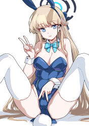 Rule 34 | 1girl, absurdres, animal ears, blonde hair, blue archive, blue bow, blue eyes, blue leotard, bow, breasts, cleavage, detached collar, fake animal ears, feet out of frame, halo, highres, leotard, long hair, looking at viewer, medium breasts, parted lips, playboy bunny, rabbit ears, simple background, sitting, solo, taotao, teeth, thighhighs, toki (blue archive), toki (bunny) (blue archive), v, very long hair, white background, white thighhighs, wrist cuffs