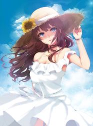Rule 34 | 1girl, :3, adjusting clothes, adjusting headwear, arm behind back, arm up, blue eyes, blue sky, blush, breasts, brown hair, cleavage, cloud, day, dress, flower, frill trim, frills, halterneck, hat, highres, ichinose shiki, idolmaster, idolmaster cinderella girls, long hair, looking at viewer, medium breasts, off-shoulder dress, off shoulder, outdoors, ryuu., sky, sleeveless, sleeveless dress, smile, solo, straw hat, sunflower, white dress, wind, wind lift, wristband