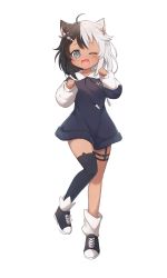Rule 34 | ;d, animal ear fluff, animal ear legwear, animal ears, black thighhighs, cat ear legwear, cat ears, child, commission, dark-skinned female, dark skin, dress, fish hair ornament, fish skeleton, full body, grey eyes, hair ornament, highres, indie virtual youtuber, long sleeves, multicolored hair, no pants, one eye closed, open mouth, outcast rae, puffy long sleeves, puffy sleeves, second-party source, shoes, short hair, simple background, single thighhigh, smile, sneakers, solo, split-color hair, sweater, sweater dress, thigh strap, thighhighs, two-tone hair, usagi1923, virtual youtuber, white hair, zettai ryouiki