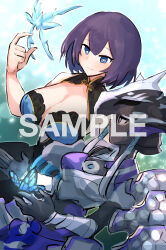 2girls absurdres black_bodysuit black_hair blue_eyes blue_hair bodysuit breasts bug butterfly butterfly_on_hand cleavage commission female_focus glowing glowing_butterfly hatano_kiyoshi helmet highres holding holding_butterfly insect large_breasts long_hair looking_at_another mask mouth_mask multiple_girls sample_watermark short_hair skeb skeb_commission swordsoul_(yu-gi-oh!) swordsoul_of_mo_ye watermark white_hair yu-gi-oh!