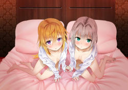 Rule 34 | 2girls, barefoot, blonde hair, blush, character request, charlotte dunois, feet, female focus, infinite stratos, looking at viewer, mikoten35, multiple girls, on bed, open clothes