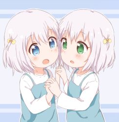 Rule 34 | 2girls, araki495, blue background, blue dress, blue eyes, blush, bow, commentary request, dress, eye contact, green eyes, grey hair, hair between eyes, hair bow, holding hands, ikeda chitose, ikeda chizuru, interlocked fingers, long sleeves, looking at another, multiple girls, one side up, open mouth, shirt, siblings, sisters, sleeveless, sleeveless dress, two-tone background, upper body, white shirt, yellow bow, yuru yuri