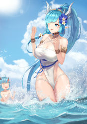 Rule 34 | &gt; &lt;, 2girls, abeen jhong, bare shoulders, bikini, blue eyes, blue hair, blush, breasts, cleavage, cloud, commentary request, day, dragon girl, dragon horns, flower, hair flower, hair ornament, highres, horns, king&#039;s raid, laias (king&#039;s raid), large breasts, long hair, looking at viewer, multiple girls, navel, pointy ears, smile, solo focus, swimsuit, tail, very long hair, water, white flower