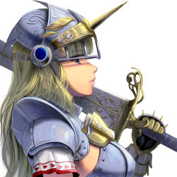 Rule 34 | 1girl, armor, blonde hair, blue eyes, breasts, comic, helmet, horns, knight, kouno (masao), large breasts, lips, long hair, making-of available, metal gloves, original, profile, single horn, solo, sword, weapon