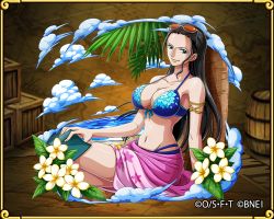 Rule 34 | 1girl, bikini, black hair, blue eyes, breasts, cleavage, large breasts, long hair, navel, nico robin, official art, one piece, sarong, swimsuit