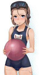 Rule 34 | 1girl, android, ball, blush, brown hair, cameltoe, competition swimsuit, flat chest, frown, goggles, goggles on head, hip focus, holding, joints, kurowa, one-piece swimsuit, purple eyes, redgrave, robot joints, school swimsuit, solo, swimsuit, unlight